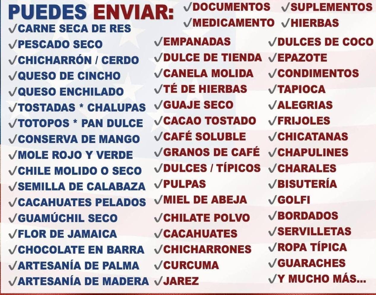 Lista de productos permitidos para envío